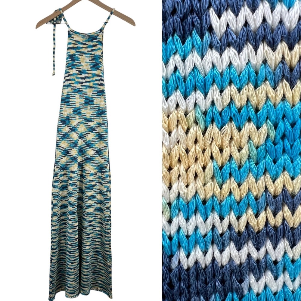 Mahinaβ Knit Maxi Dress Sleeveless Blue White Crochet Cover Up Beach Size Large